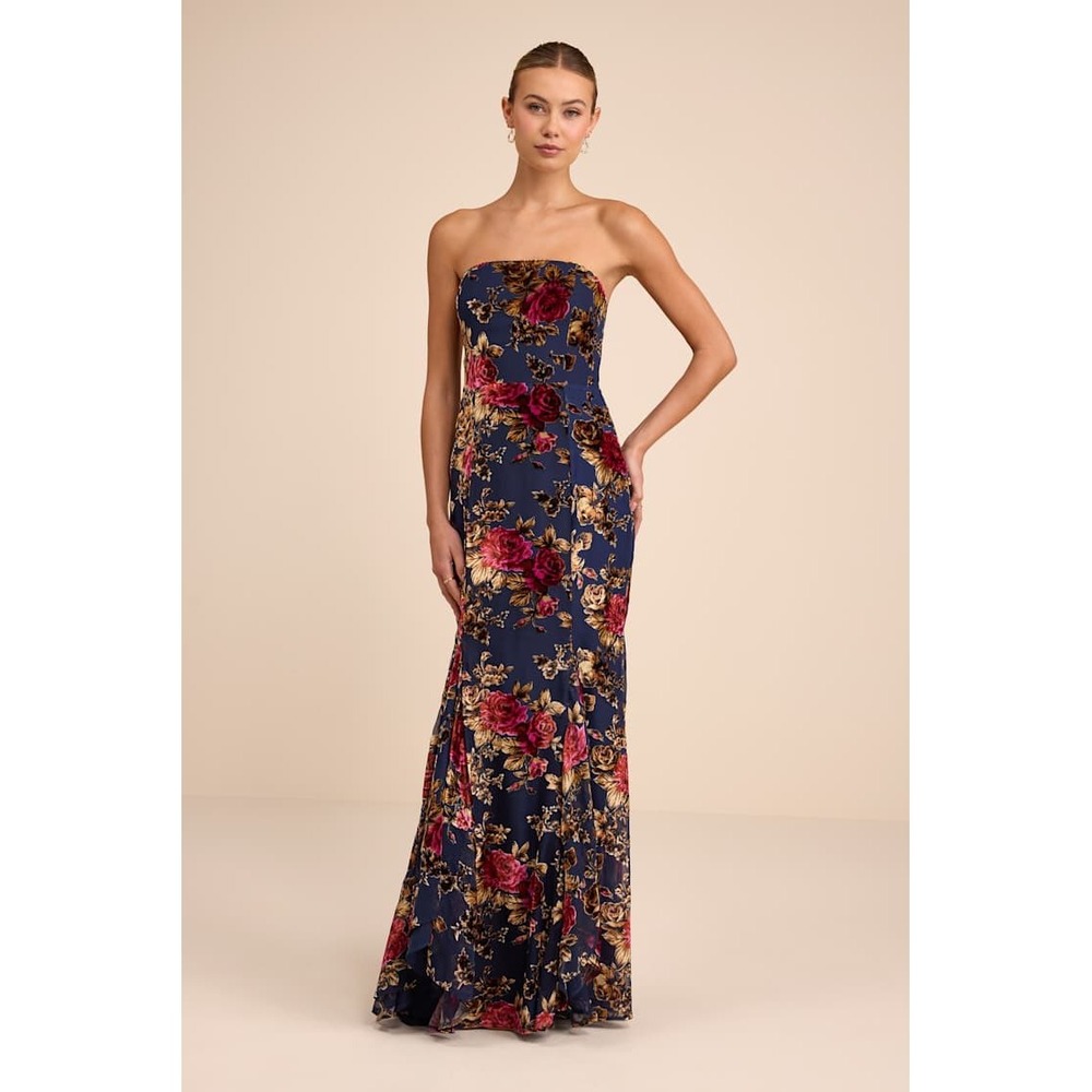 NWT FLAW Lulus Anoah Navy Floral Velvet Burnout Strapless Maxi Dress Medium